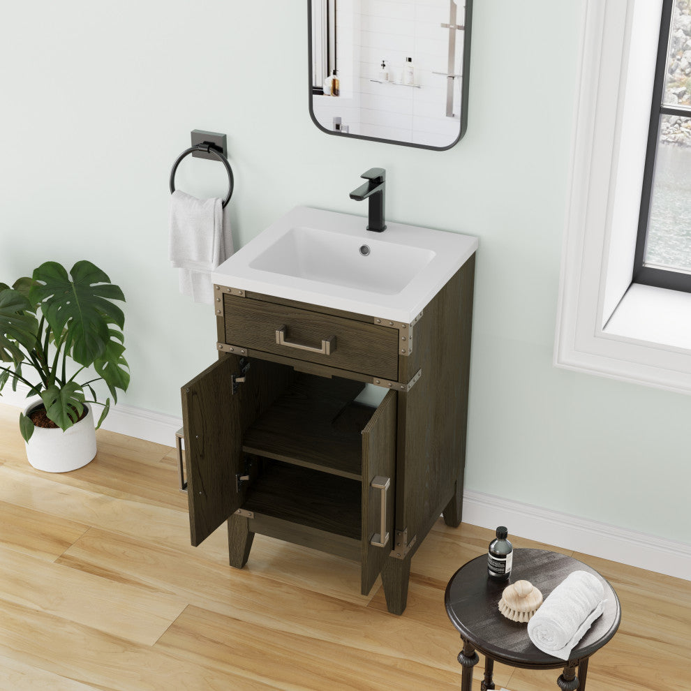 Freestanding Single Bathroom Vanity with White Resin Top, Grey Oak, 20"
