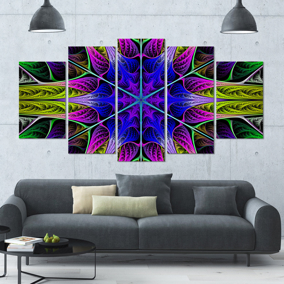 Star Shaped Blue Stained Glass, Contemporary Canvas Art Print, 60"x32", 5 Panels