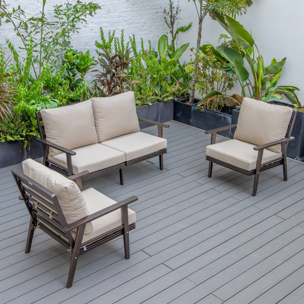 LeisureMod Walbrooke 3-Piece Patio Set With Brown Aluminum Frame and Cushions