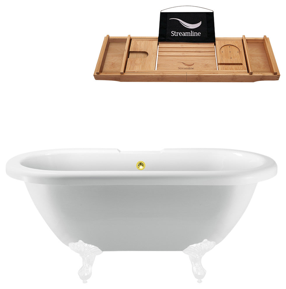 67" White Clawfoot Tub and Tray, White Feet, Gold External Drain