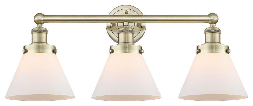Edison Large Cone 3-Light 26" Vanity Light, Antique Brass With Matte White Shade