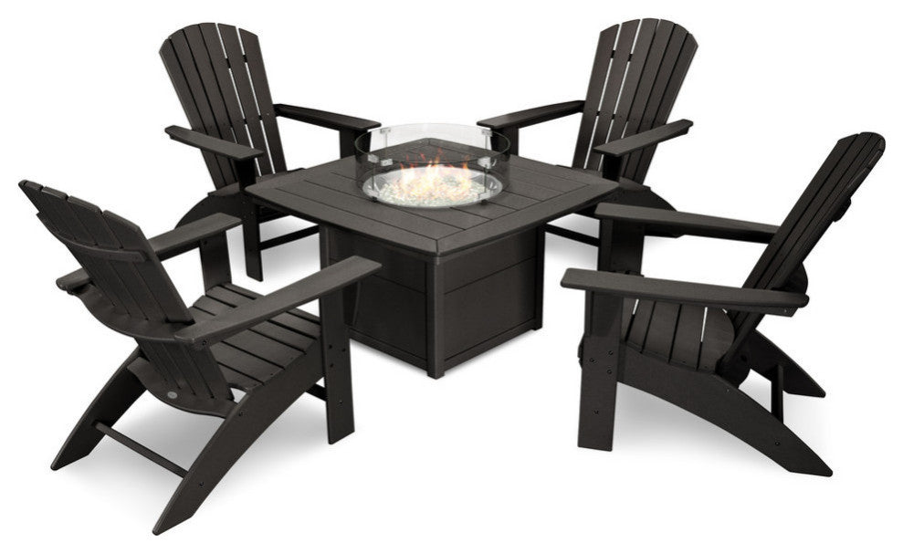 Nautical Curveback Adirondack 5-Piece Conversation Set With Fire Table, Black