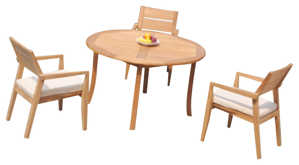 4-Piece Outdoor Teak Dining Set: 52" Round Table, 3 Cellore Stacking Arm Chairs