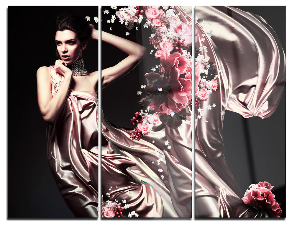 "Woman in Fabric and Flowers" Metal Wall Art, 3 Panels, 36"x28"