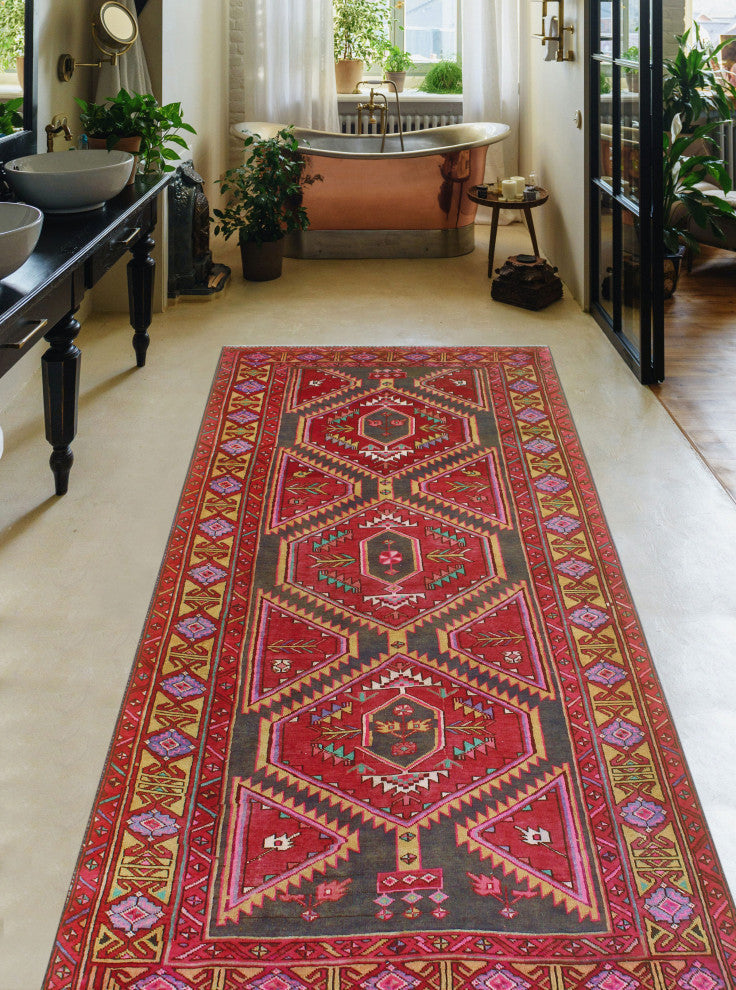 Fine Vintage Distressed Adairis Red/Charcoal Runner, 4'9x10'6