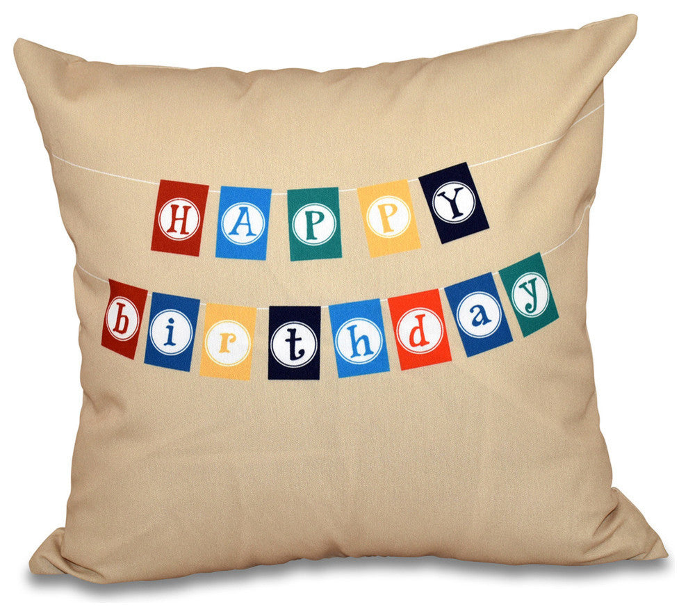 Happy Birthday, Word Print Outdoor Pillow, Taupe, 20"x20"