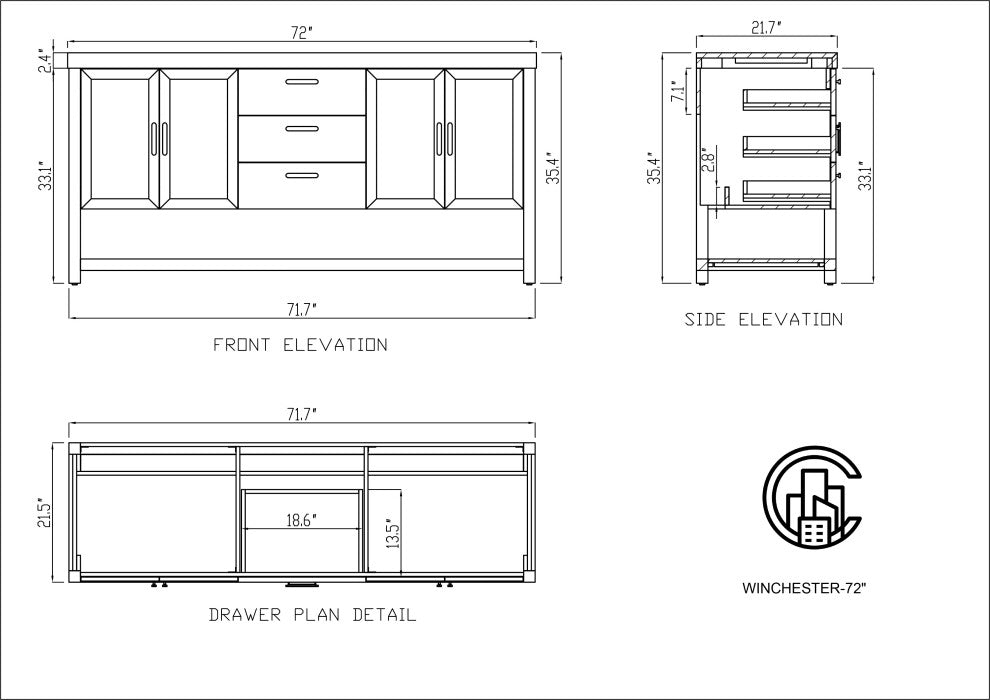 WINCHESTER Freestanding Modern Bathroom Vanity, Pecan Oak, 72", White Countertop