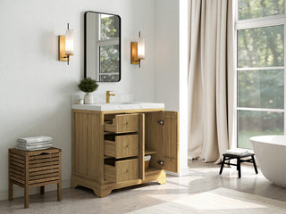 Austin 36 Center Sink Bath Vanity in Light Natural Teak 2" Carrara Quartz