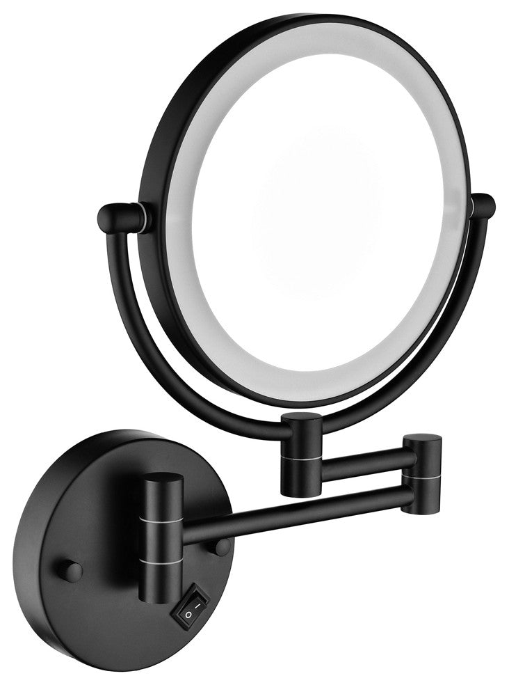 8" Round Framed Swing Arm Wall Mounted LED Makeup Mirror, Matte Black