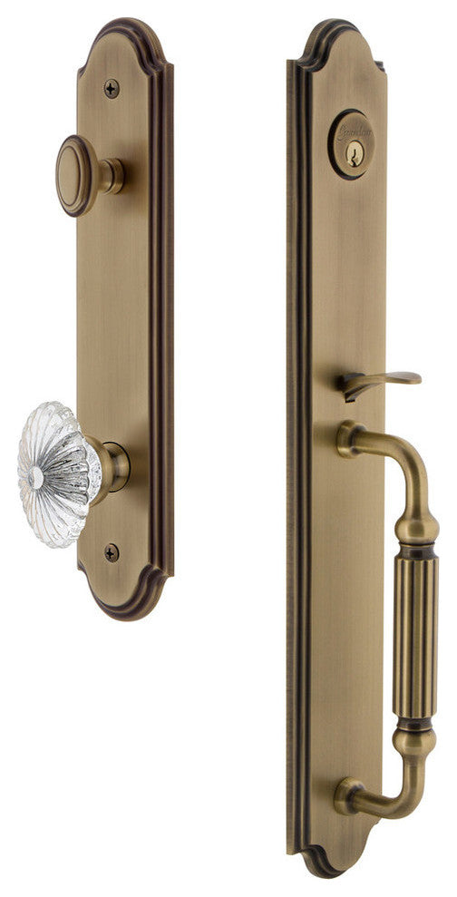 Arc 1-Piece Dummy Handleset, F Grip and Burgundy Knob, Vintage Brass, 848491