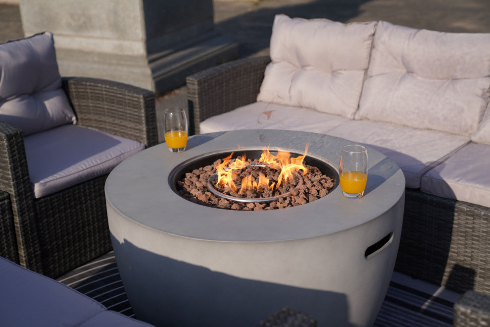 7-Piece Outdoor Rattan Conversation Sofa Set with Fire Pit Table, Brown, Greybowl