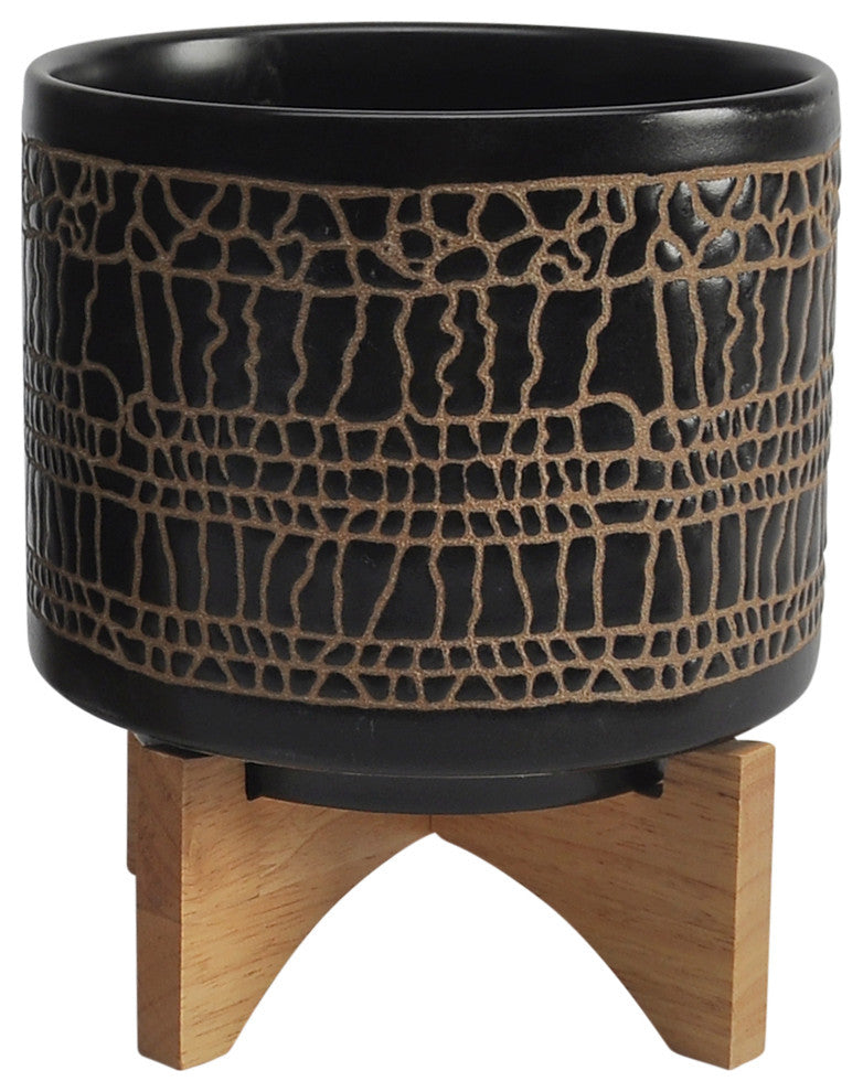 2-Piece Set Glazed Planter With Stand, Black