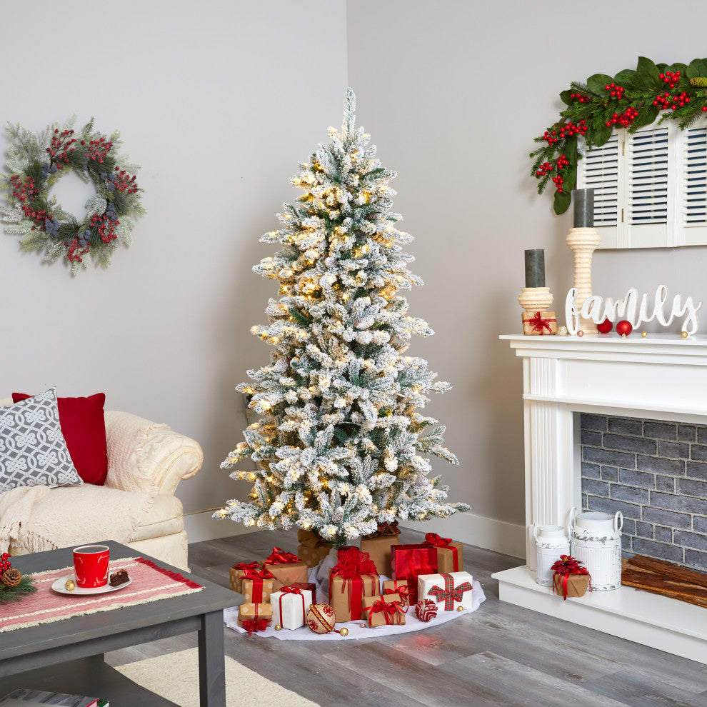 6' Flocked Livingston Fir Faux Xmas Tree With Pine Cones & 300 Clear Warm Lights