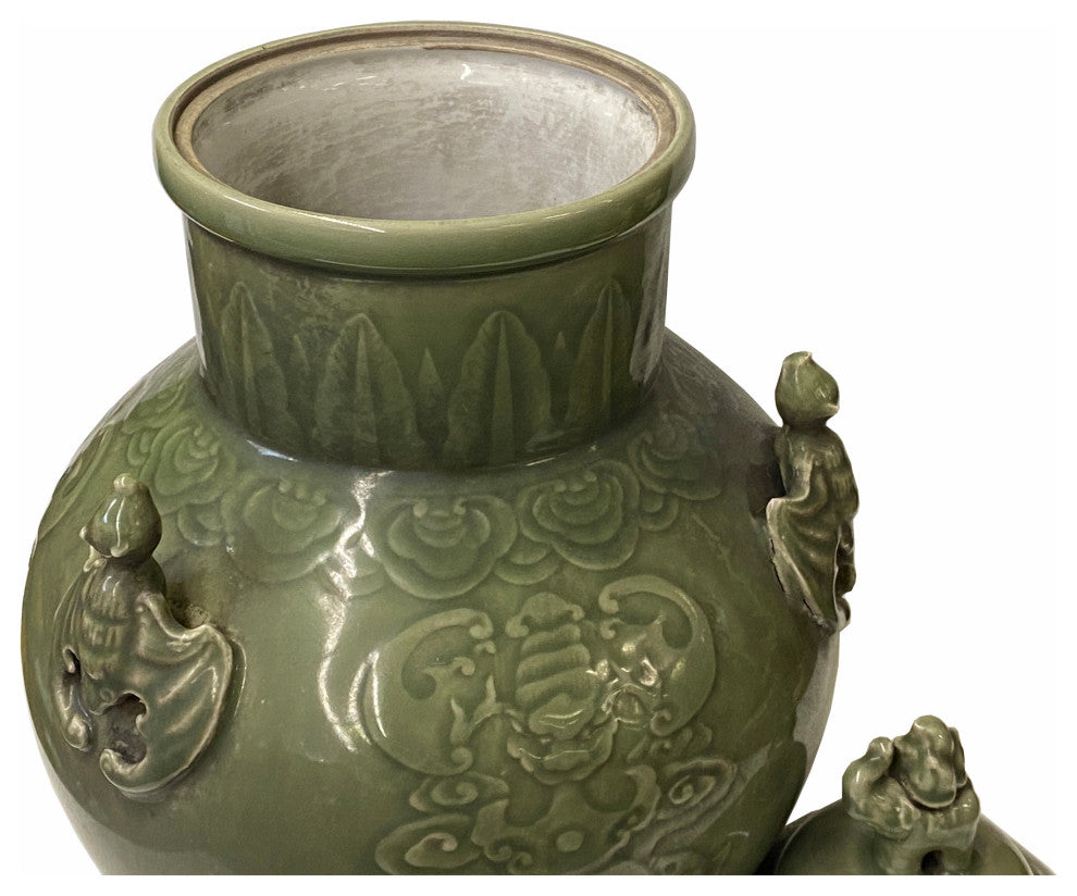 Chinese Ancient style Celadon Ceremonial Vase Jar with Bats Motif Hws1635