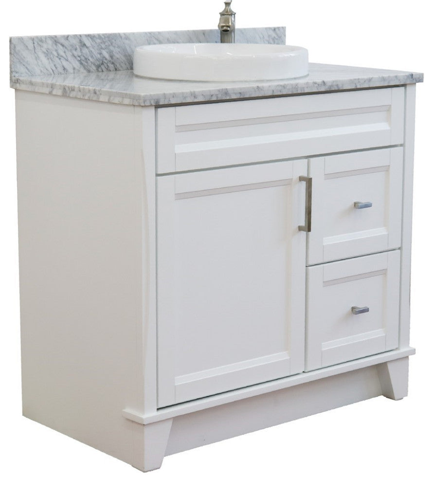 37" Single Sink Vanity, White Finish With White Carrara Marble