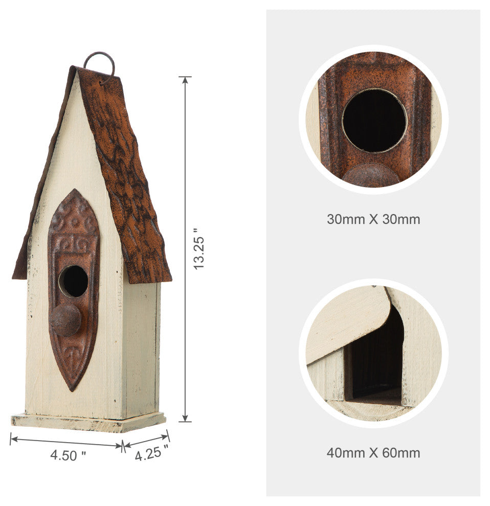 Washed White Distressed Solid Wood Birdhouse