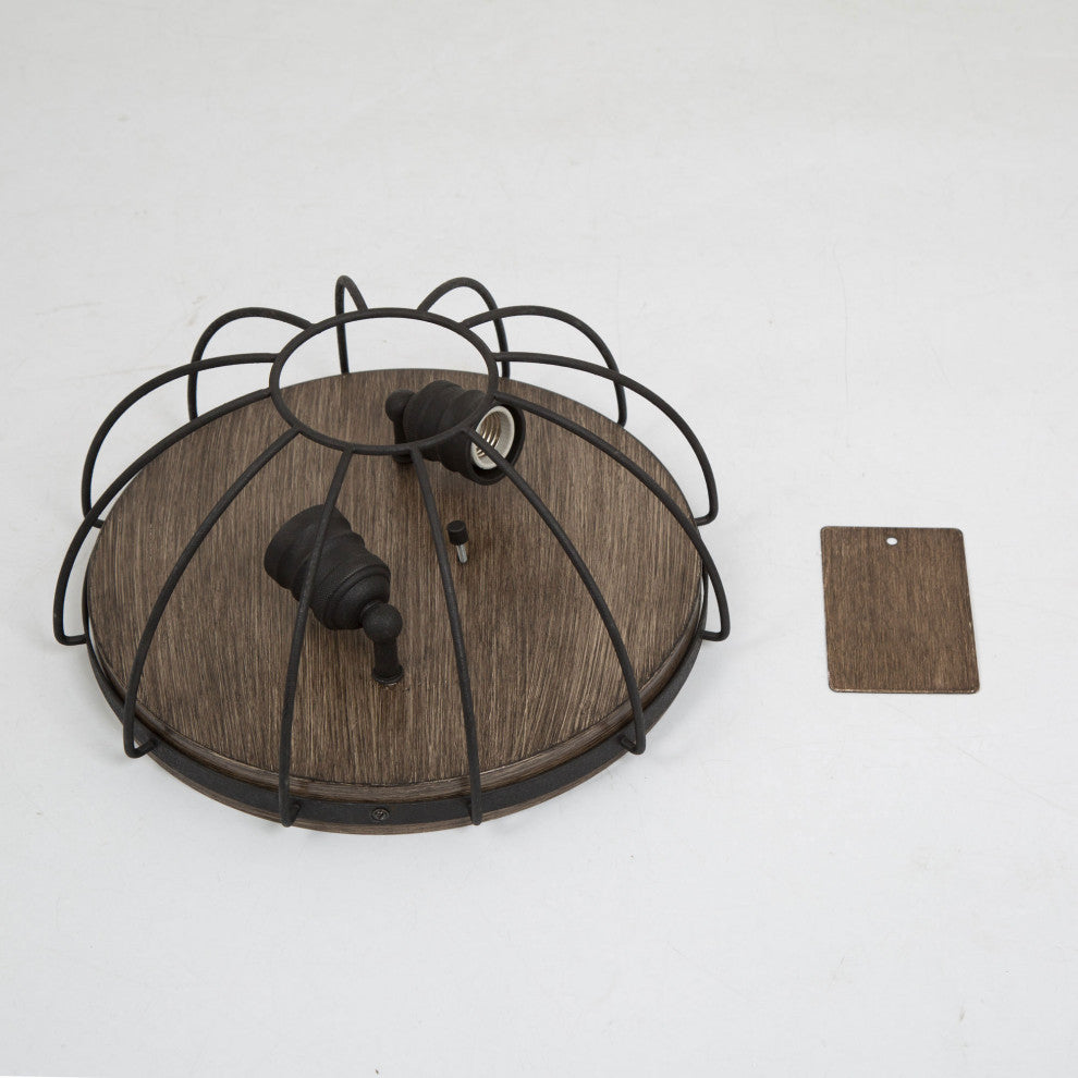 LNC Farmhouse 2-Light Balck Cage Flush Mount Ceiling Light With Wood Accent