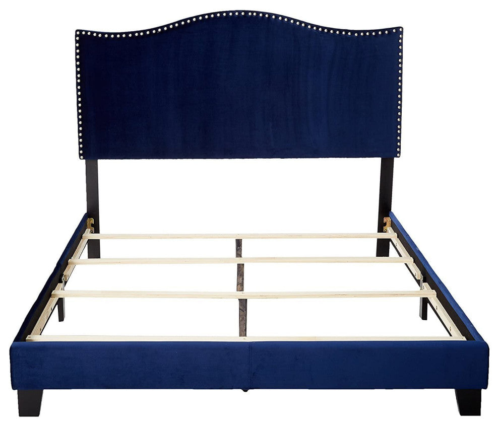 Blue Velvet Nailhead Queen Size Upholstered Bed