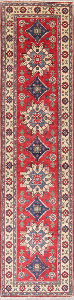 Hand Made Kazak Oriental Runner Pakistani Traditional Wool Rug, Red, 11'5"X2'10"