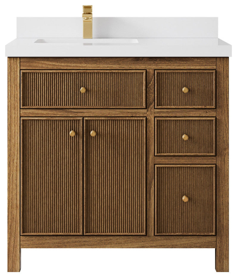 Sonoma Teak 36 Center Sink Bath Vanity in Dark Natural with 2" White Quartz
