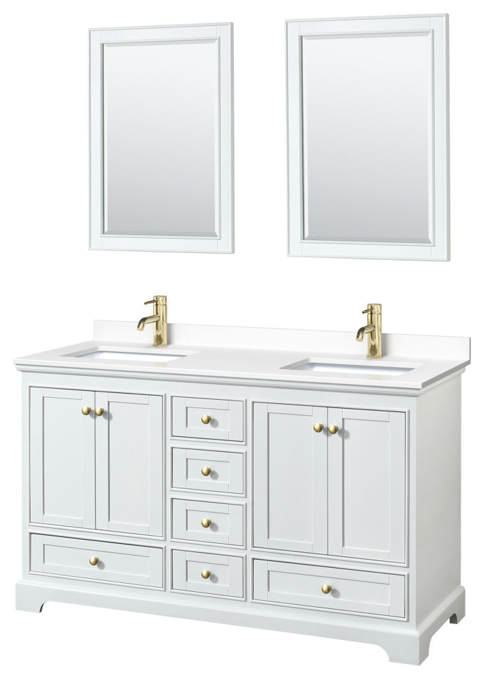 60"DBL Vanity White, White Cult. Marble Countertop, Sinks, Gold Trim, 24"Mirrors