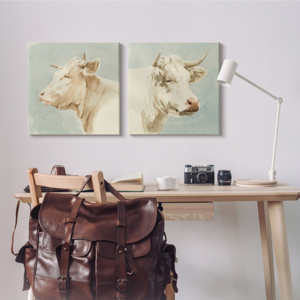 Vintage Farm Cattle Cows Watercolor Portrait Beige Blue,24 x 24