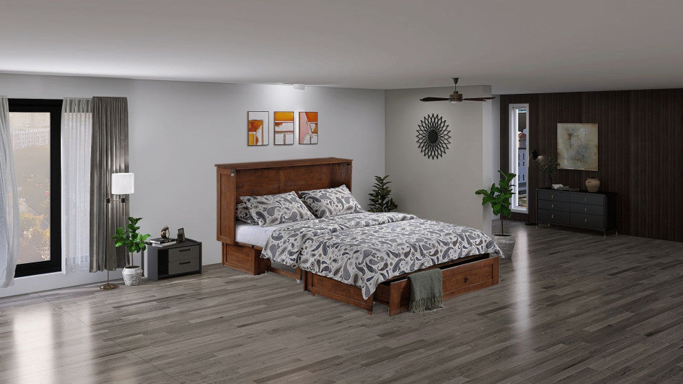 Clover Queen Size Murphy Bed Cabinet With Storage & Charging Ports, Cherry