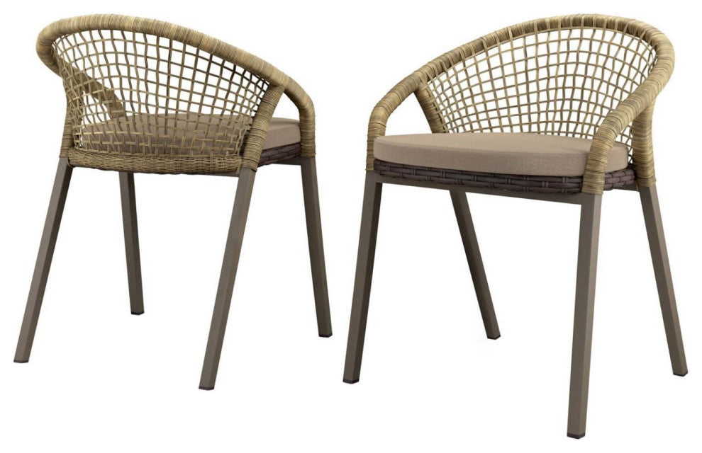 Side Dining Chair, Set of 2, Taupe Gray Natural, Rattan, Wicker, Outdoor Garden