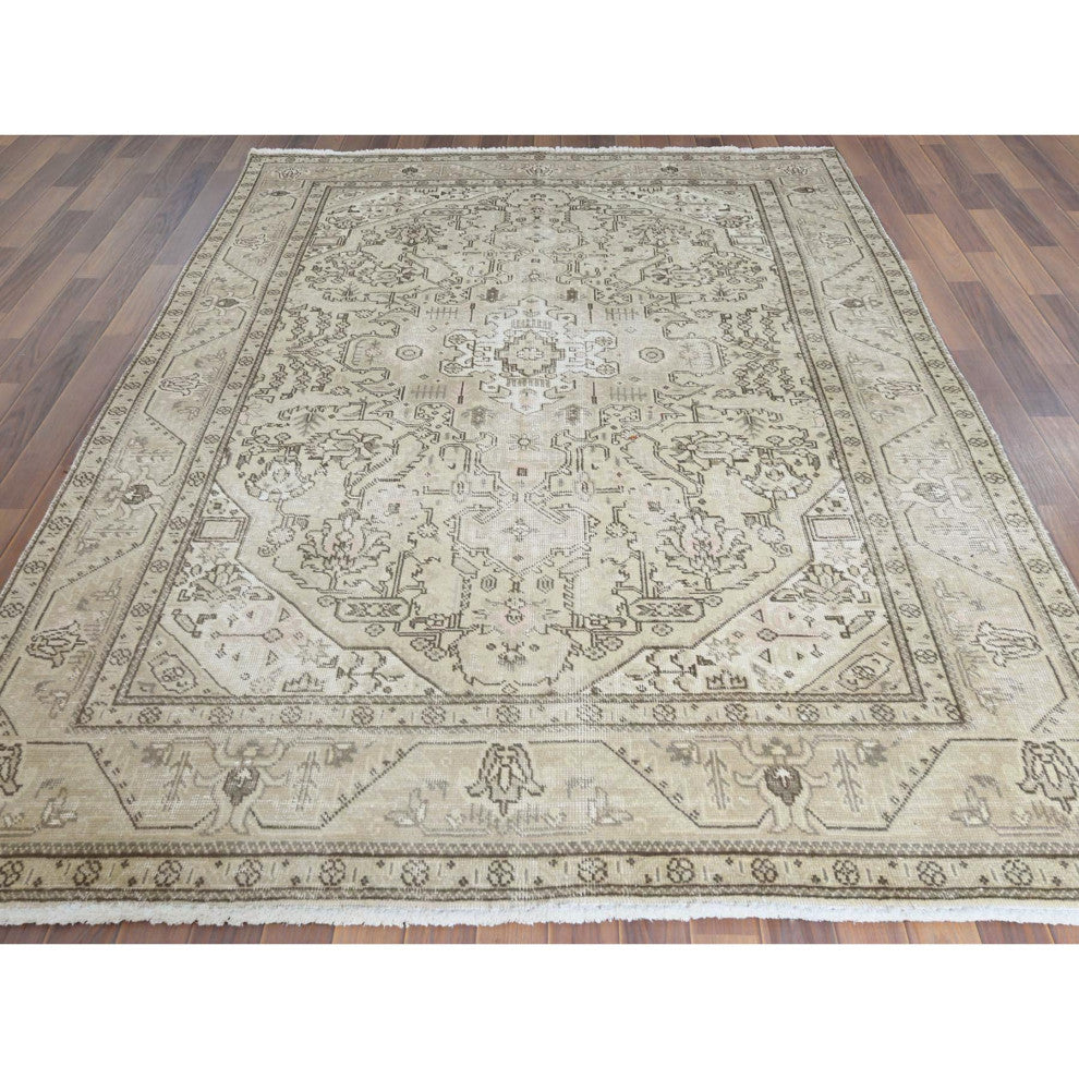 Worn Wool Hand Knotted Ivory Vintage White Wash Persian Tabriz Rug, 6'3" x 9'0"