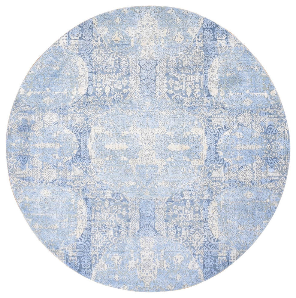 Blue Hand Knotted Wool and Pure Silk Jewellery Design Oriental Rug, 6'0"x6'0"