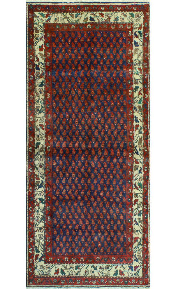 Fine Vintage Distressed Stephani Navy/Burgundy Runner, 3'8 x 8'9