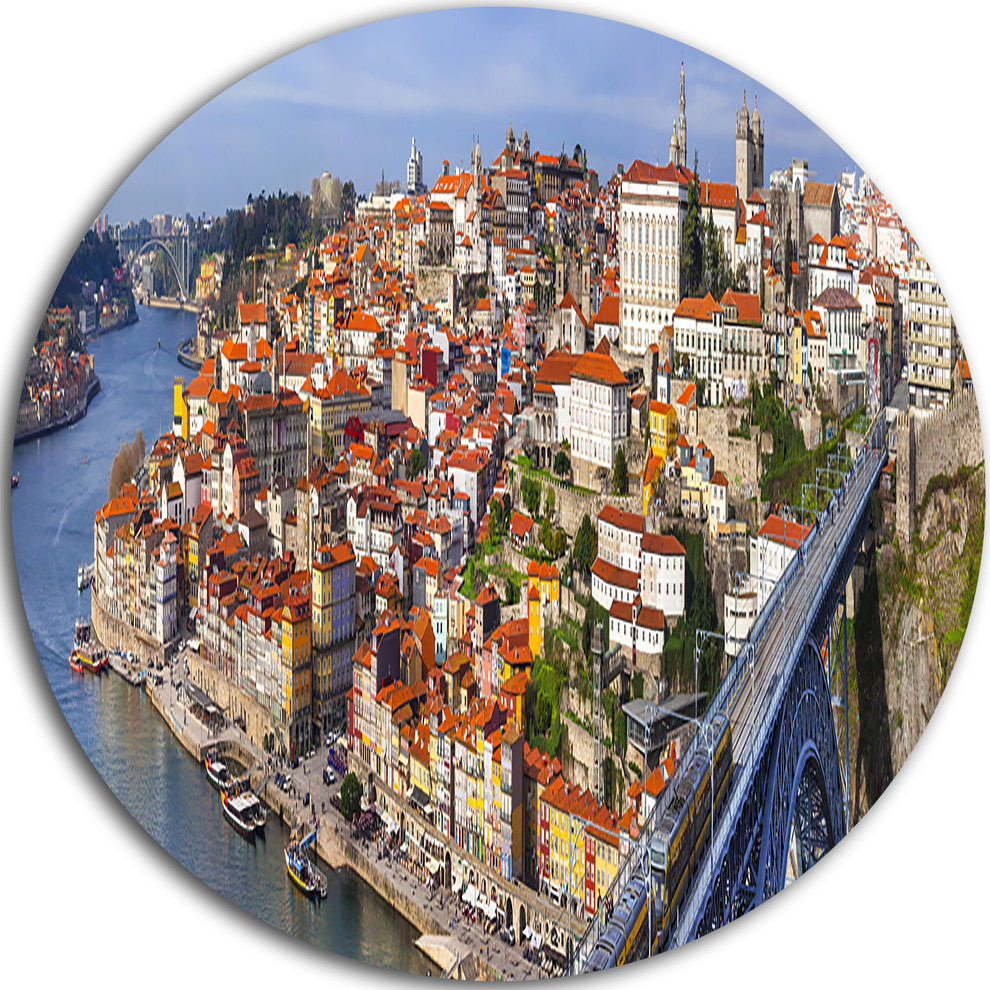 Porto City Panoramic View, Cityscape Photo Round Metal Wall Art, 38"