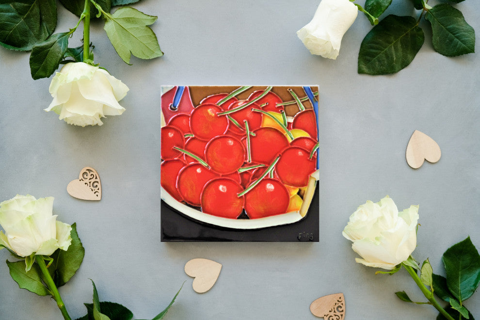 6x6" Cherry Decorative Ceramic Art Tile Hot Plate Trivet and Wall Decor
