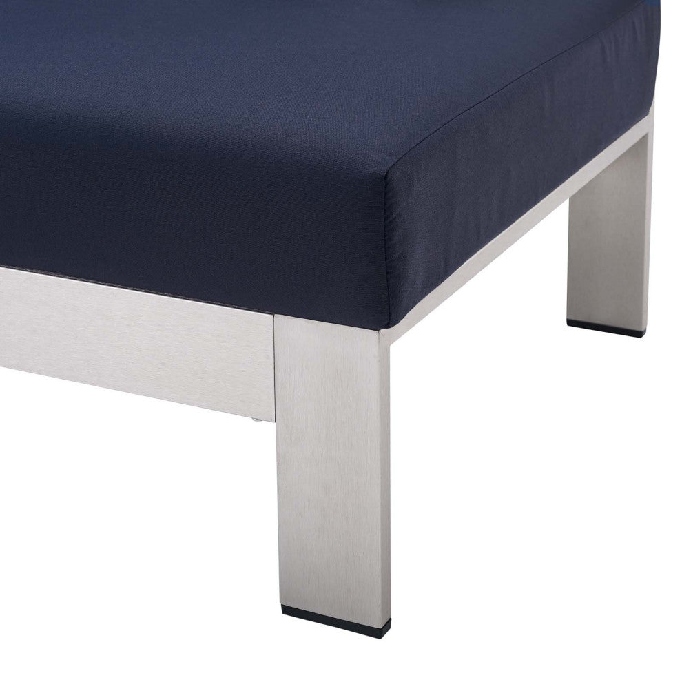 Lounge Loveseat Sofa, Sunbrella, Fabric, Aluminum, Silver Blue Navy, Outdoor