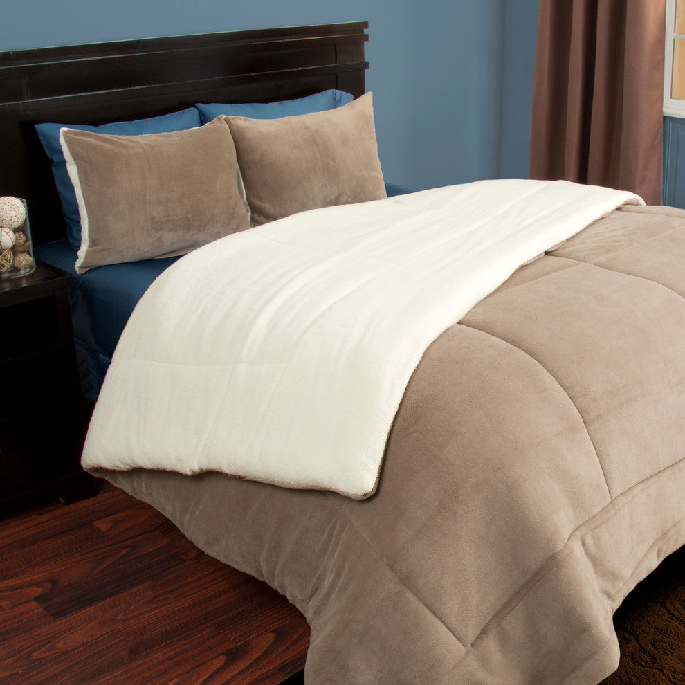 Sherpa/Fleece Comforter Set, Taupe, Full/Queen, 3 Piece