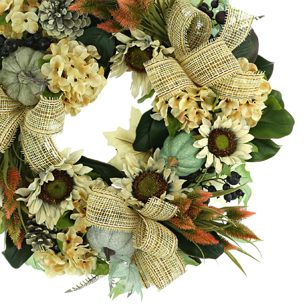 28" Fall Wreath with Sunflowers, Hydrangeas and Thistle