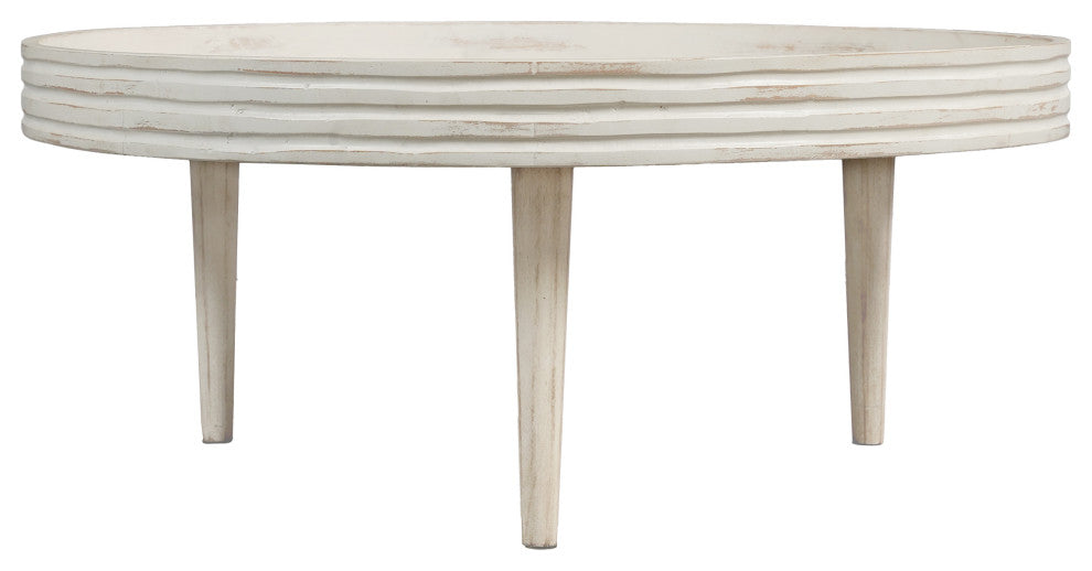 33" Coffee Table Mango Wood Round Top Grooved Edge Distressed White Finish