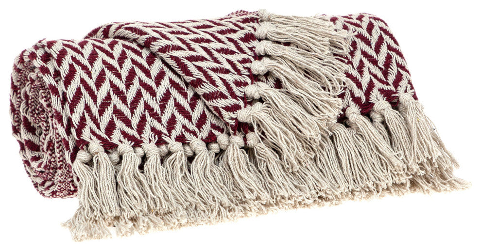 Burgundy Handloom Herringbone Weave With Tassels