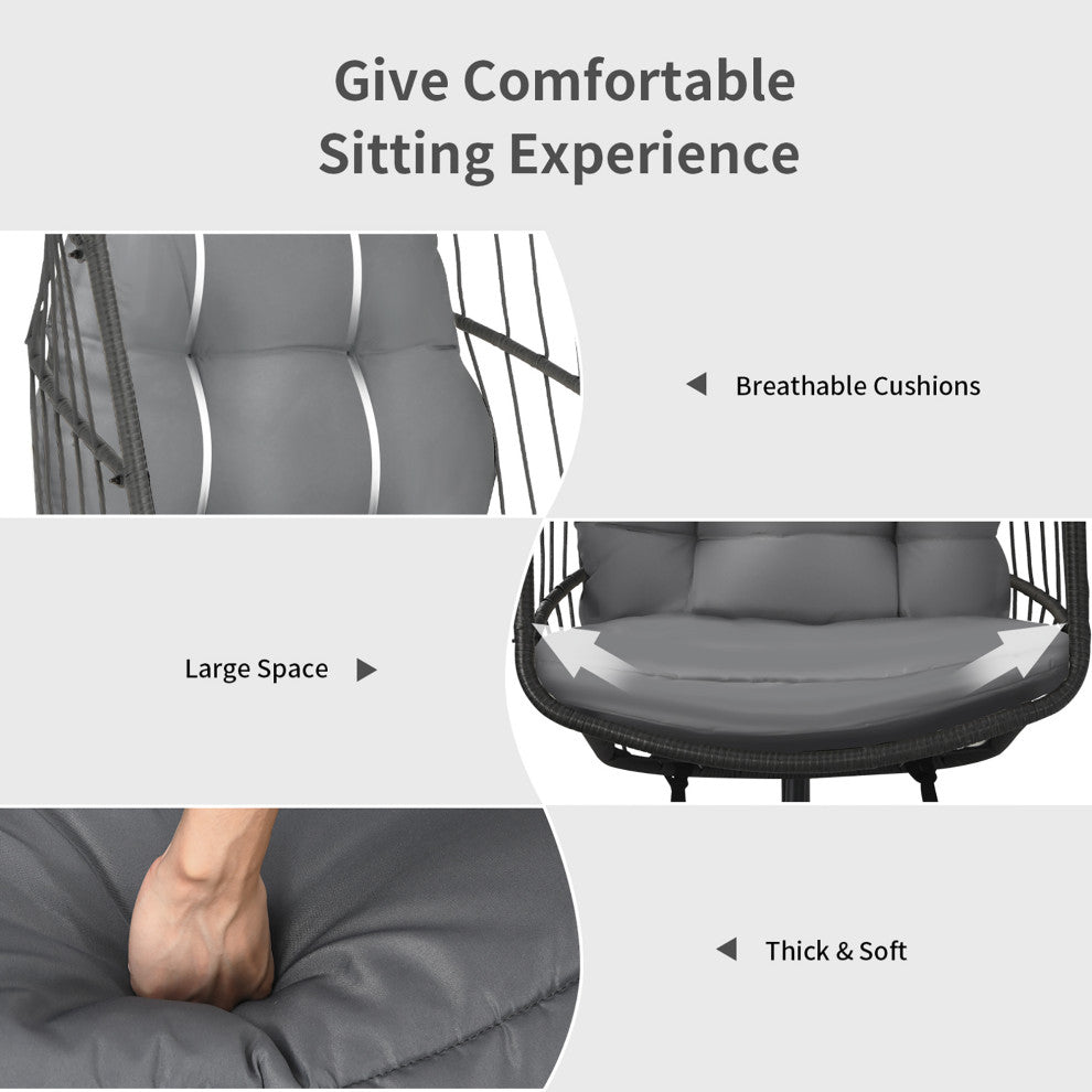 Costway Hanging Wicker Egg Chair w/ Stand Cushion Foldable Outdoor Indoor Gray