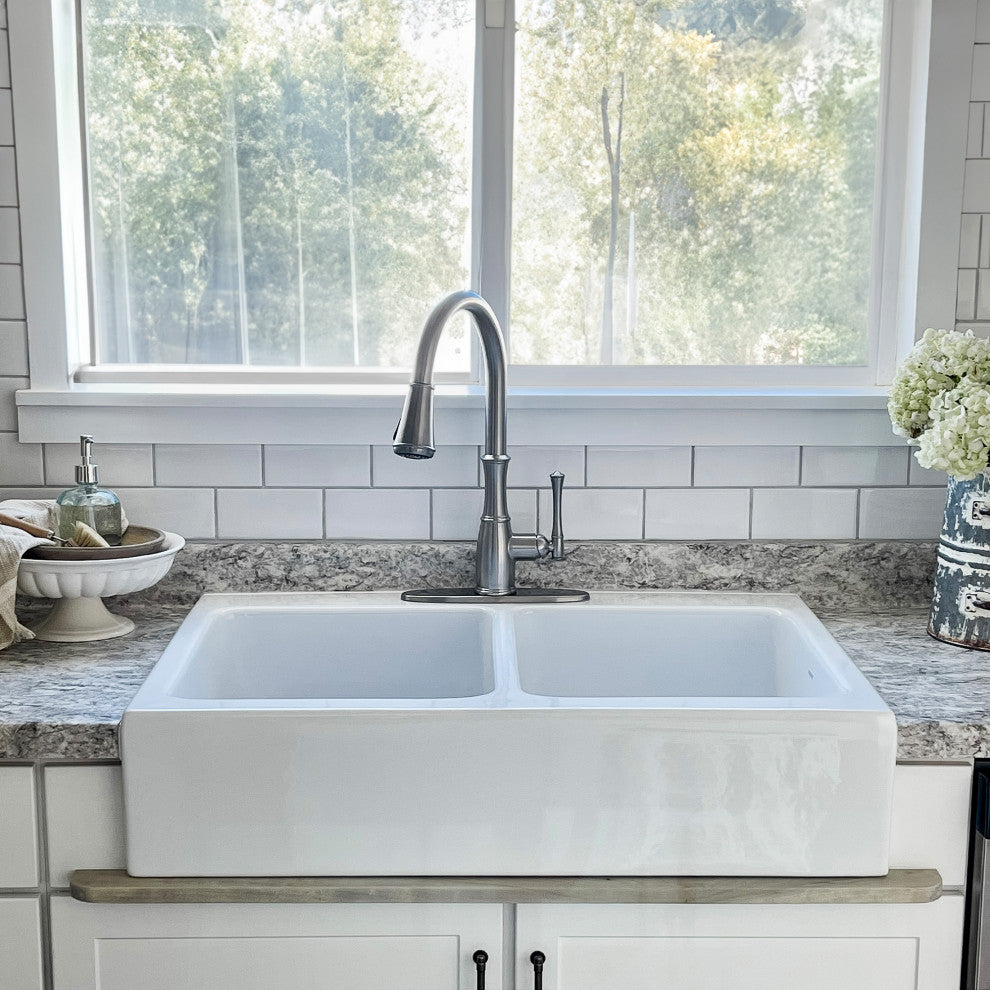 Parker White Fireclay 34"³ Double Bowl Quick-Fit Farmhouse Drop-in Kitchen Sink