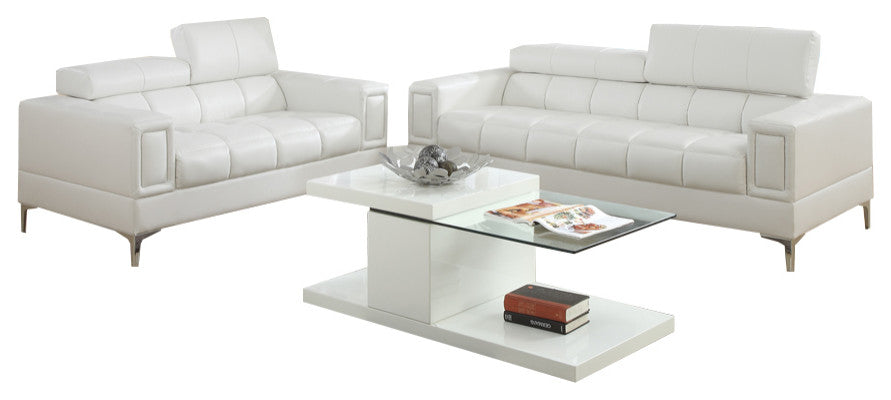 Benzara BM167239 Leather 2 Piece Sofa Set With Foldable Headrests, White