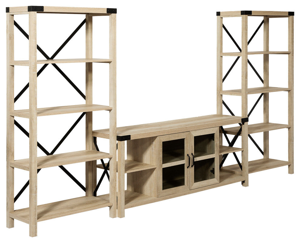 Metal X Accent Wall with 60" Glass Door TV Console - White Oak