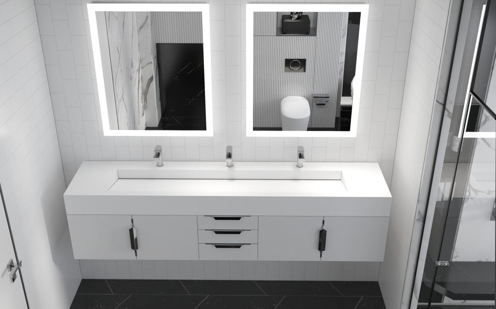 CastelloUSA Nile 84" Wall Mounted Bathroom Vanity Set, White, White Top, Brushed Nickel