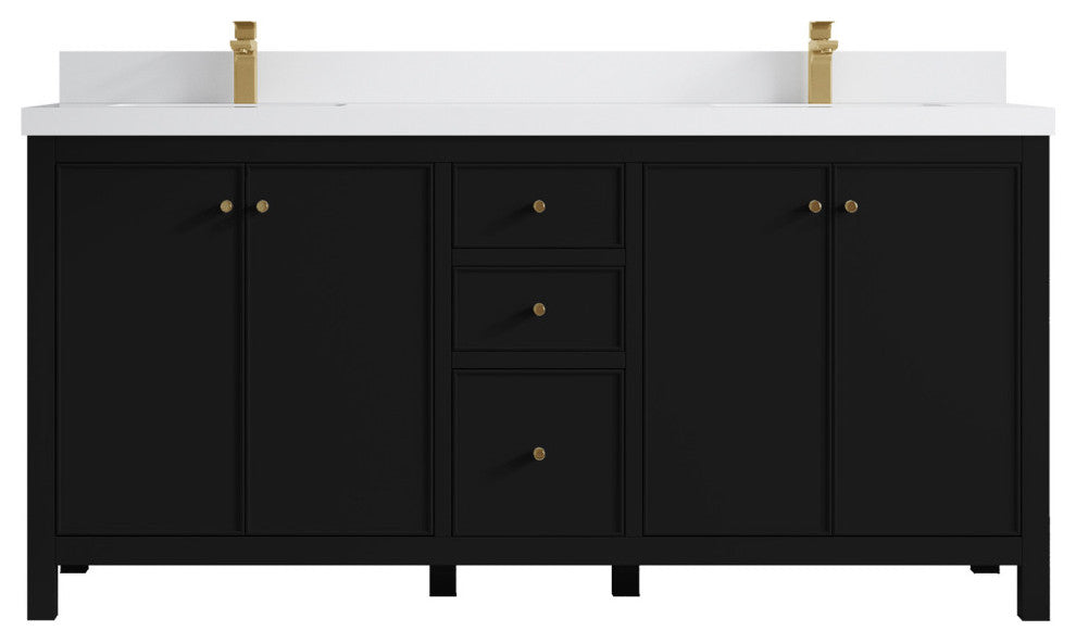 Chicago 72" Double Sink Bathroom Vanity, Black 2" White Quartz