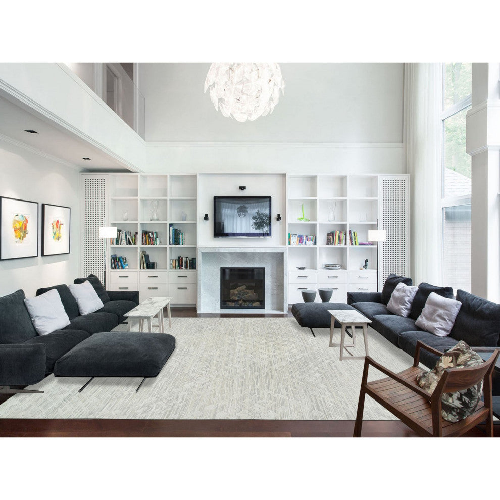 Light Gray Hand Knotted Modern Design Natural Wool Oversized Rug, 14'1"x18'0"