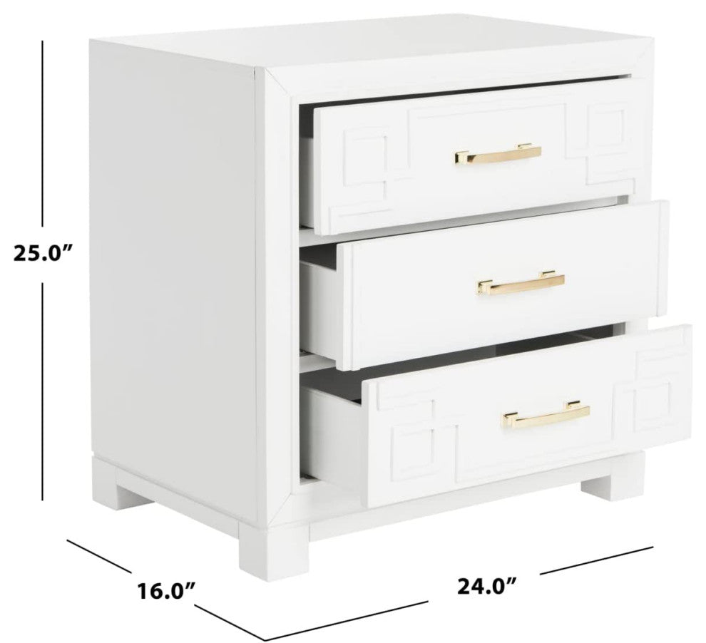 Contemporary White 3-Drawer Greek Key Nightstand