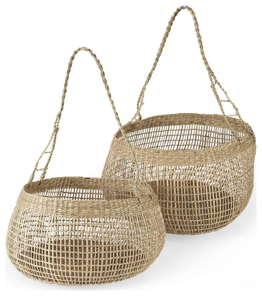 Set of Two Wicker Storage Baskets With Long Handles