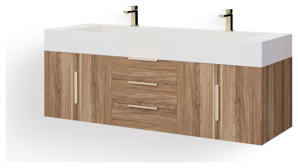 The Burke Bathroom Vanity, White Oak, 60", Double Sink, Wall Mount