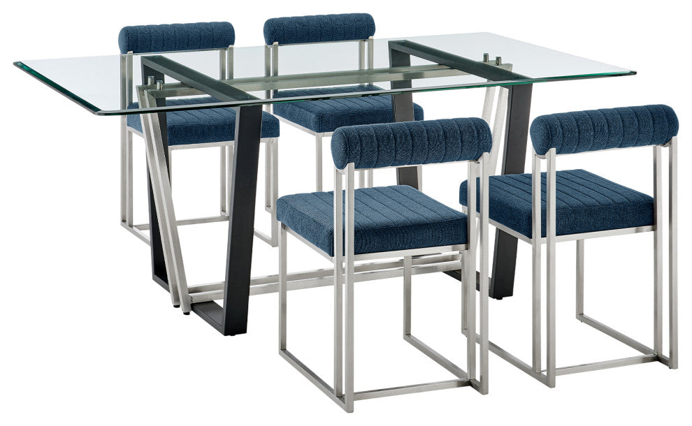 Kai Anastasia Glass Dining Table 5-Piece Set, Blue Fabric Chairs