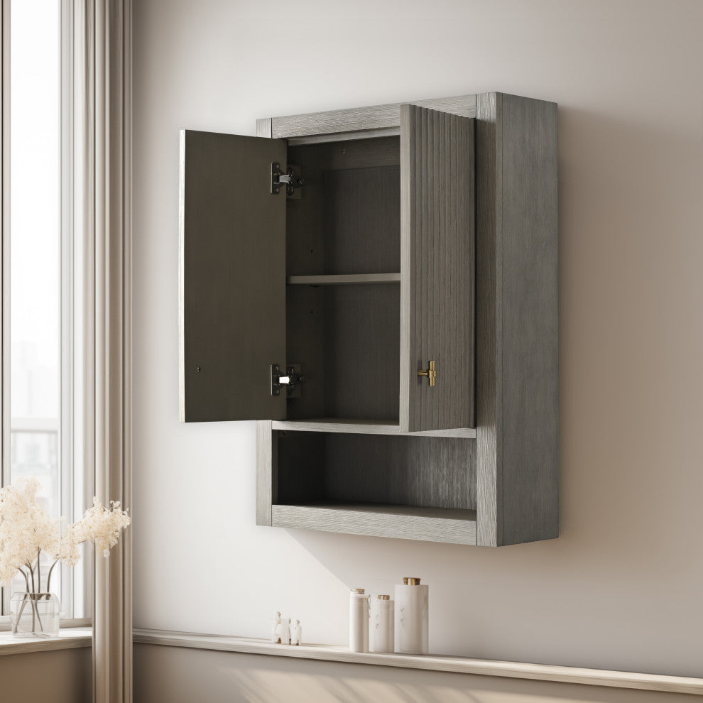 Vanity Art 24" Wall Mounted Bathroom Storage Cabinet, Linear Driftwood Gray, Golden Brushed Handle